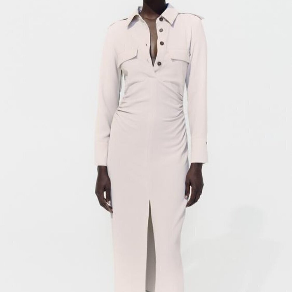 Zara Cream Long-Sleeve Midi Shirt Dress with Front Slit